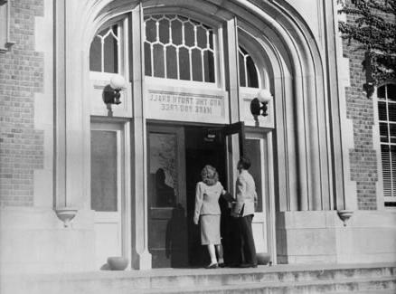 The powerful words "And The Truth Shall Make You Free" are carved into a lintel over the main entrance to the Administration Building.  The words were chosen as the motto for the school by the first president of the Northwest Board of Regents, Charles Colden.  Colden Hall is named after the former Board member.